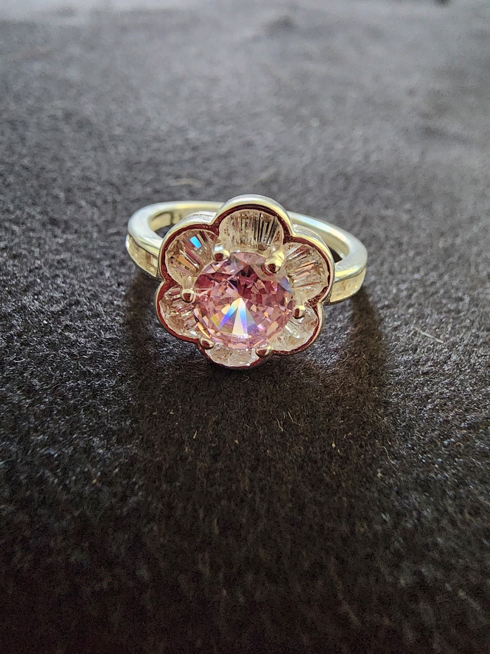 Elegant 925 S Silver Pink CZ Flower Ring - Size 6, Brand New